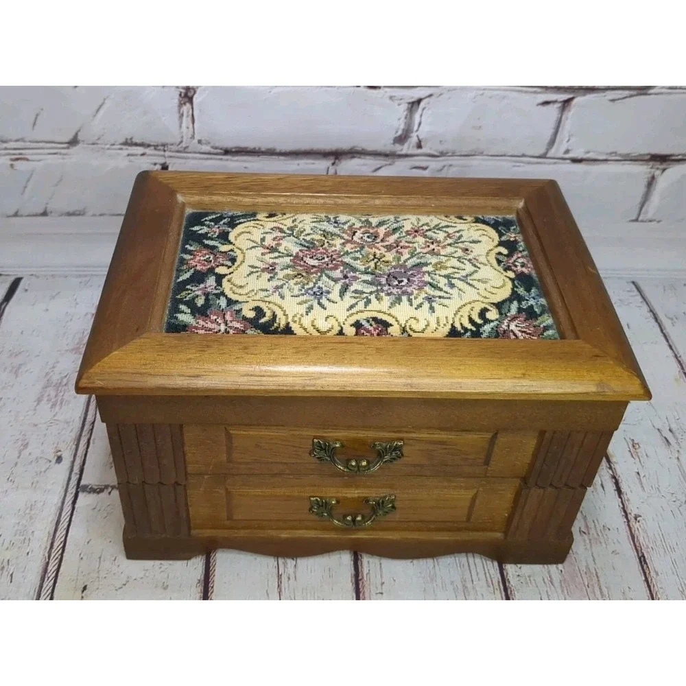 Vintage Music Wood Jewelry Box Tapestry Top Made In‎ Japan